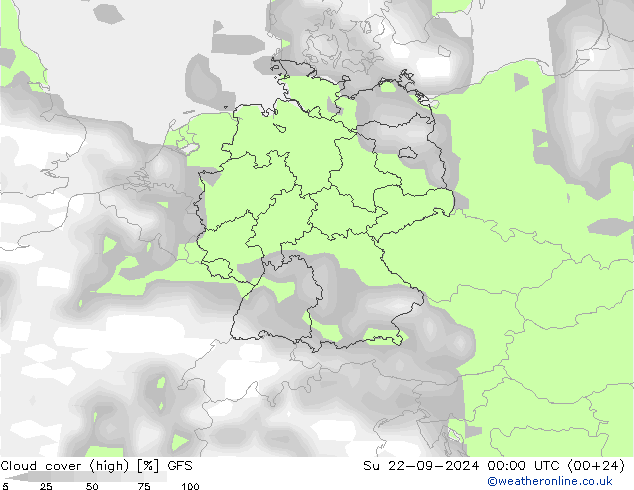 Cloud cover (high) GFS Su 22.09.2024 00 UTC