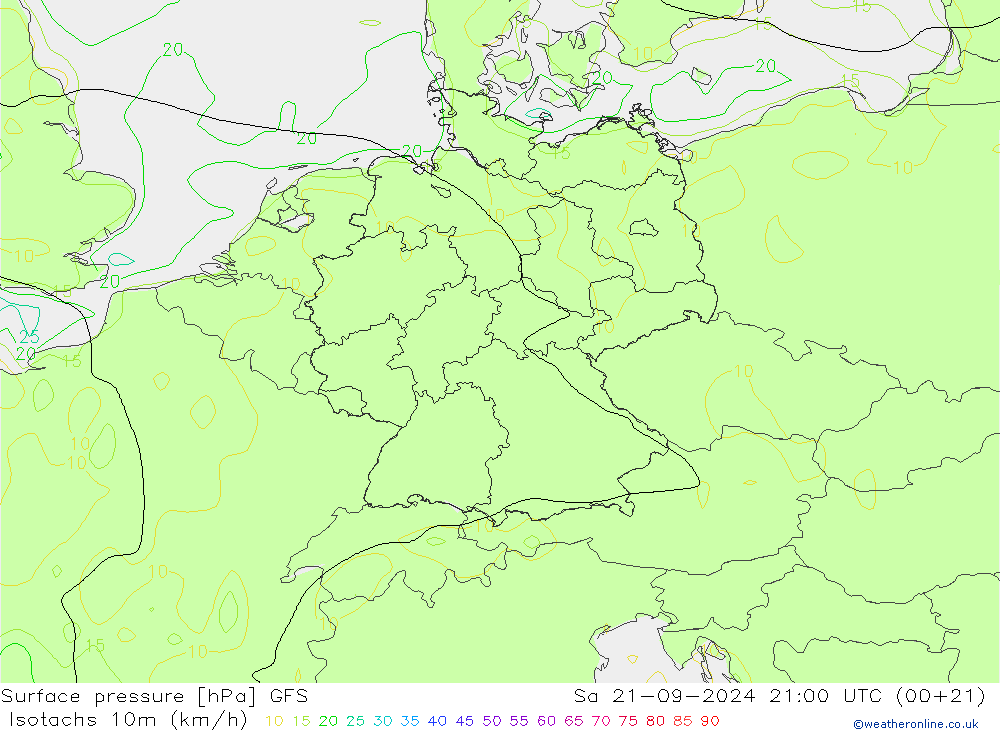 Isotachs (kph) GFS Sa 21.09.2024 21 UTC