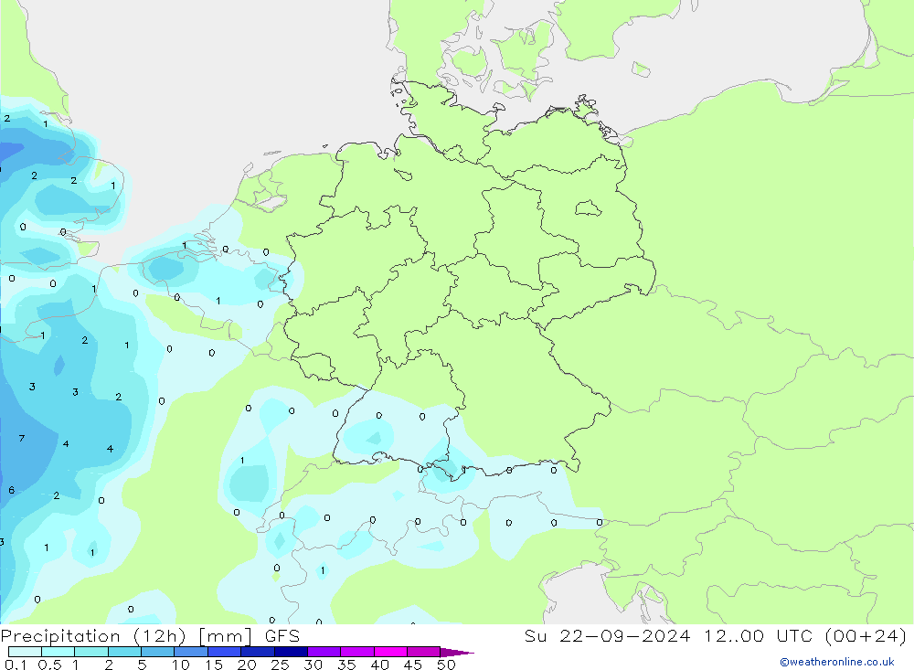 Precipitation (12h) GFS Su 22.09.2024 00 UTC