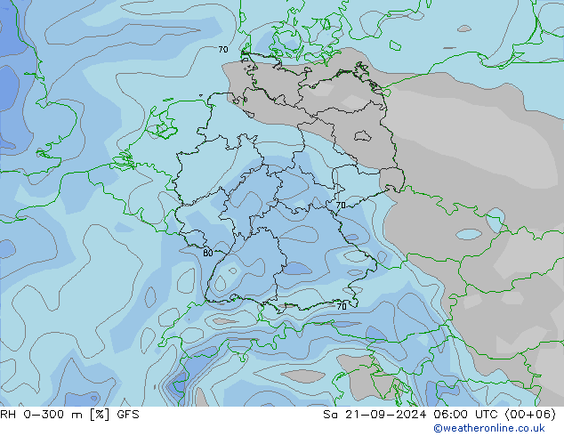 RH 0-300 m GFS 星期六 21.09.2024 06 UTC