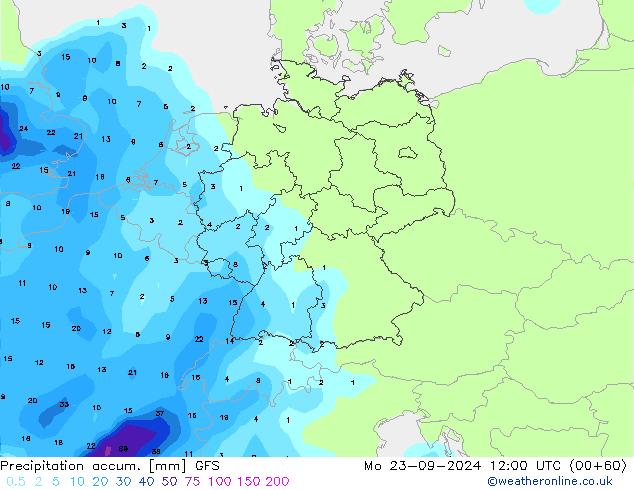 Precipitation accum. GFS Mo 23.09.2024 12 UTC