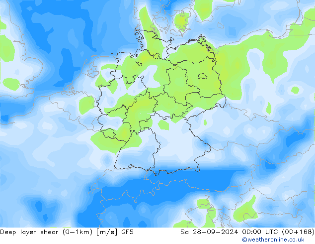 Deep layer shear (0-1km) GFS Sa 28.09.2024 00 UTC