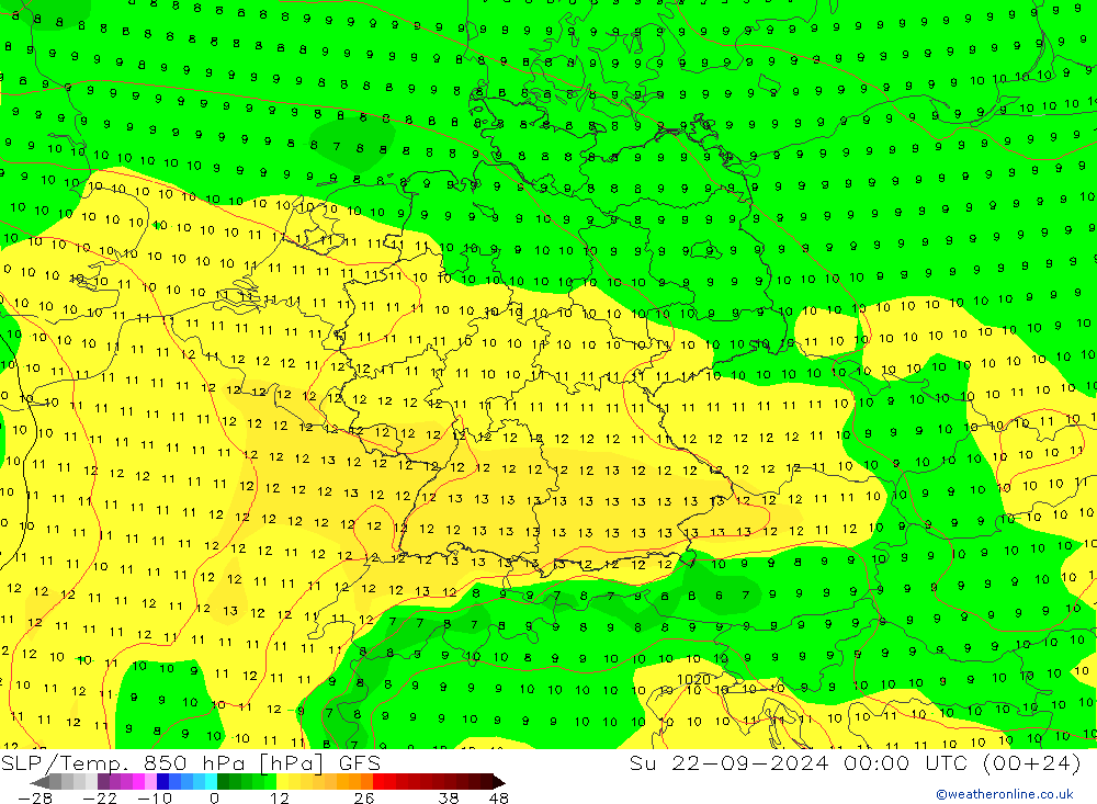 SLP/Temp. 850 hPa GFS zo 22.09.2024 00 UTC