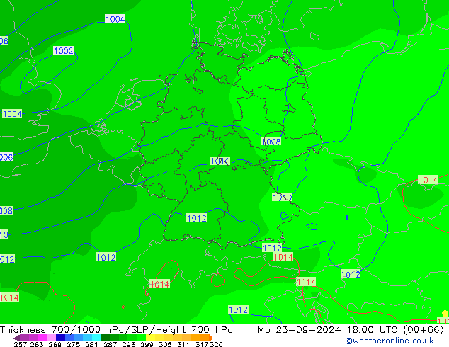 Thck 700-1000 hPa GFS lun 23.09.2024 18 UTC