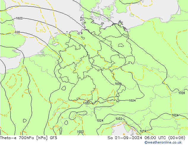 Theta-e 700hPa GFS Sa 21.09.2024 06 UTC