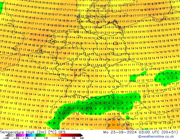 température 2m max GFS lun 23.09.2024 03 UTC