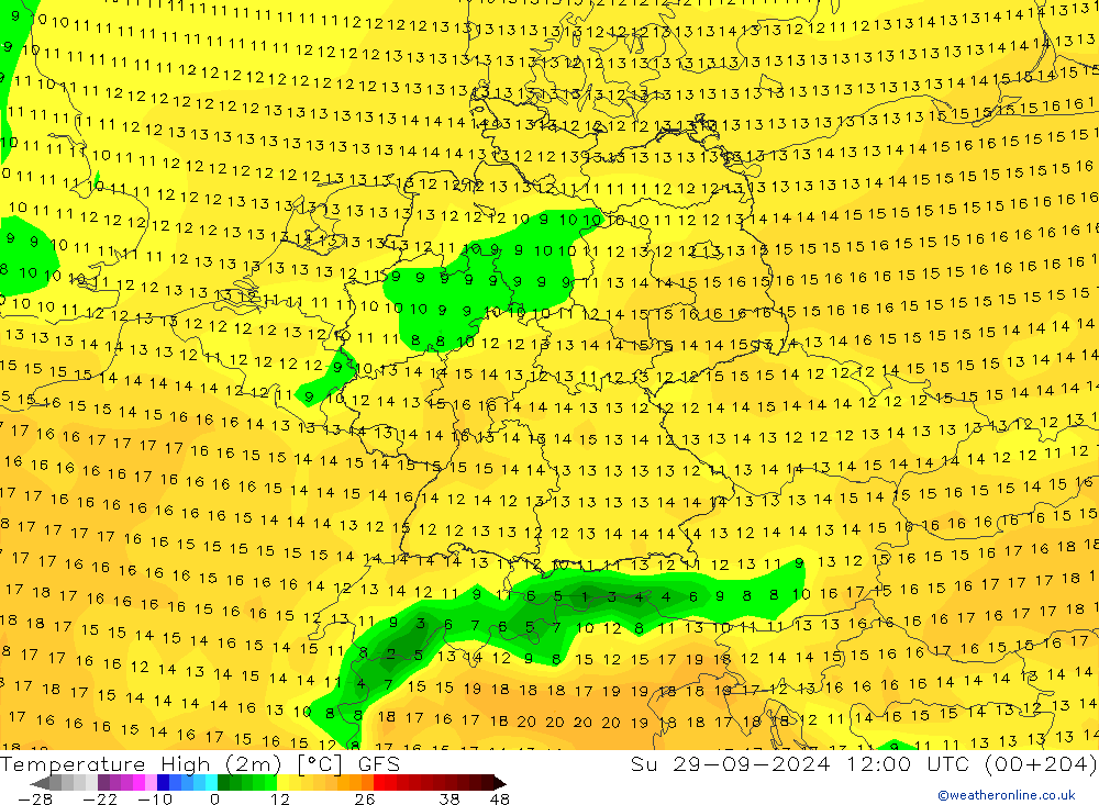 Temperature High (2m) GFS Su 29.09.2024 12 UTC