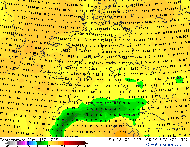 Temperatuurkaart (2m) GFS zo 22.09.2024 06 UTC