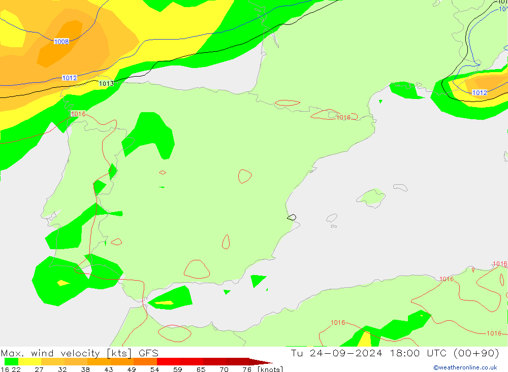 Max. wind snelheid GFS di 24.09.2024 18 UTC