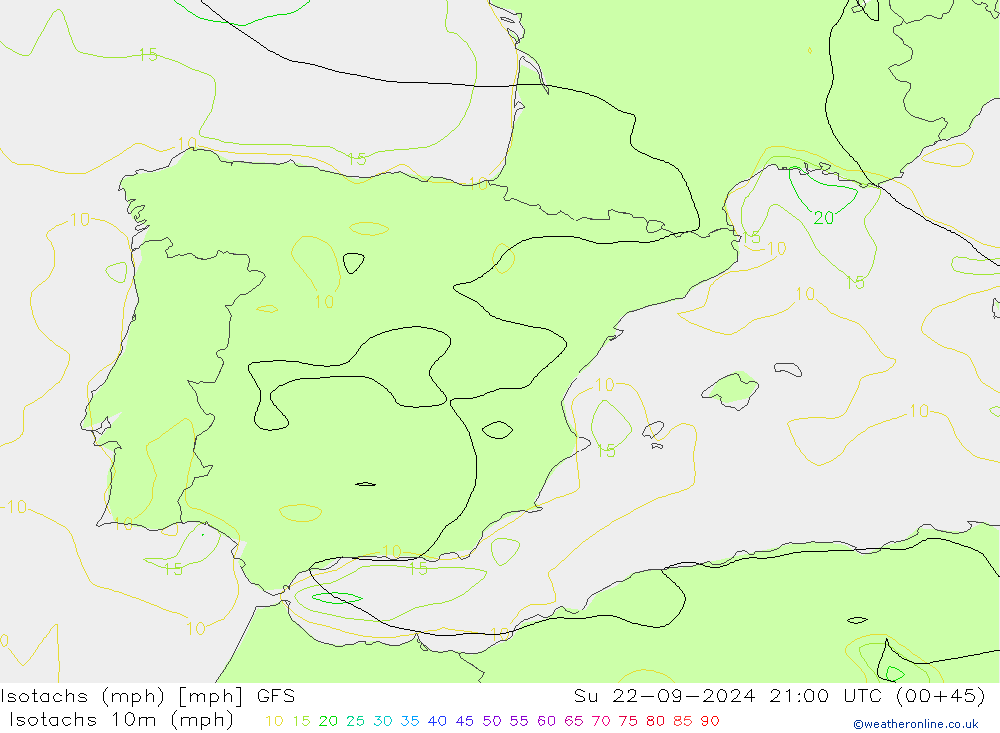 Isotachs (mph) GFS Вс 22.09.2024 21 UTC