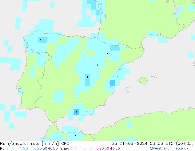 Rain/Snowfall rate GFS sam 21.09.2024 03 UTC