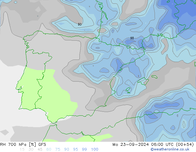 Humidité rel. 700 hPa GFS lun 23.09.2024 06 UTC