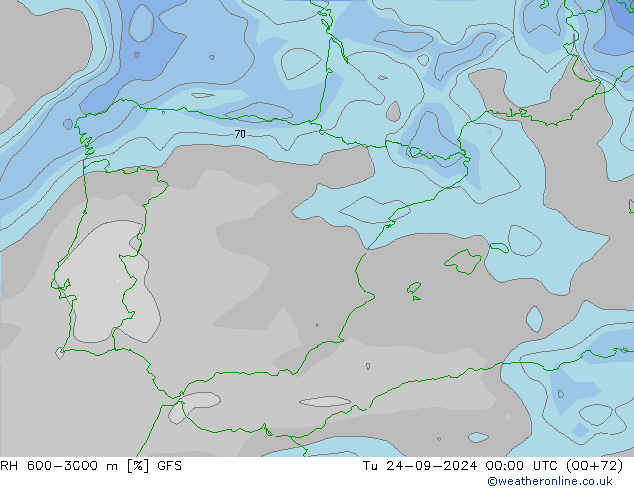 RH 600-3000 m GFS Tu 24.09.2024 00 UTC