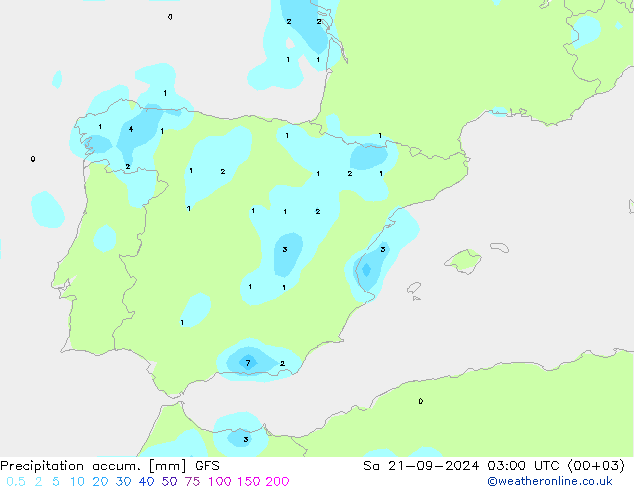 Precipitation accum. GFS Sa 21.09.2024 03 UTC