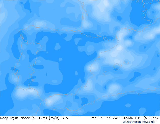 Deep layer shear (0-1km) GFS Po 23.09.2024 15 UTC