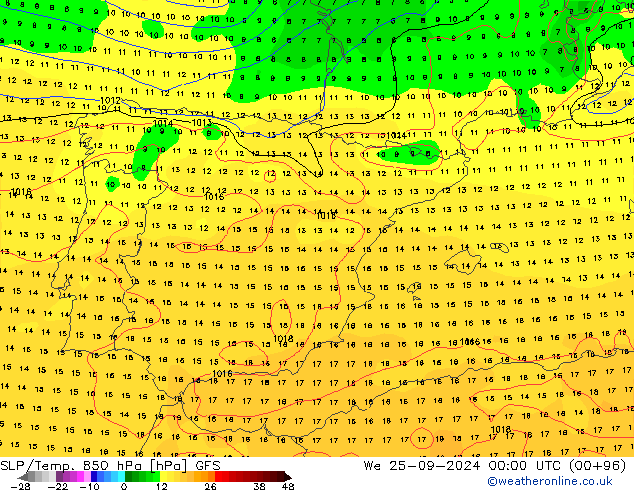 SLP/Temp. 850 hPa GFS We 25.09.2024 00 UTC