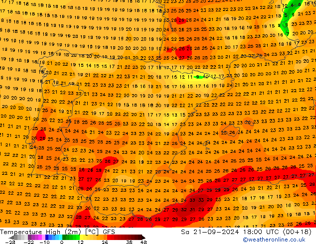 Temp. massima (2m) GFS sab 21.09.2024 18 UTC