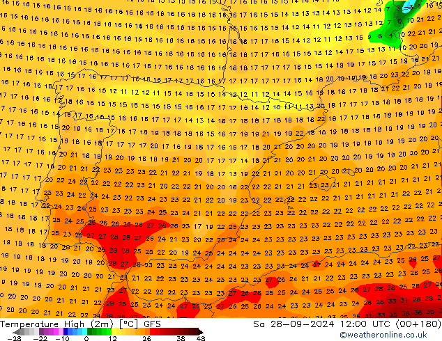 Temperature High (2m) GFS Sa 28.09.2024 12 UTC