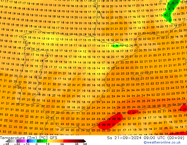 Temperature (2m) GFS Sa 21.09.2024 09 UTC