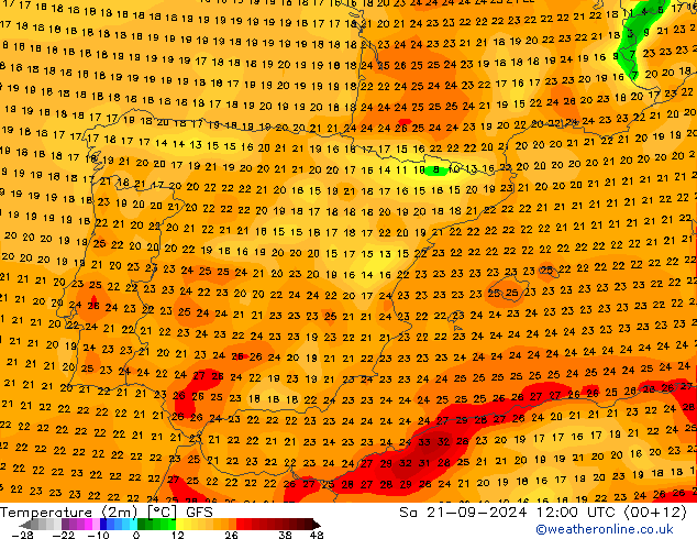 mapa temperatury (2m) GFS so. 21.09.2024 12 UTC