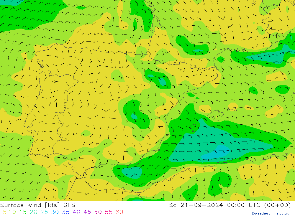 Viento 10 m GFS sáb 21.09.2024 00 UTC