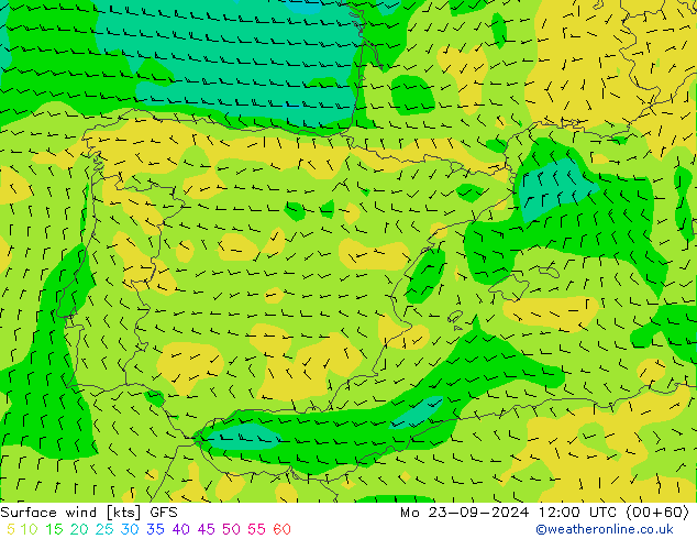 Surface wind GFS Po 23.09.2024 12 UTC