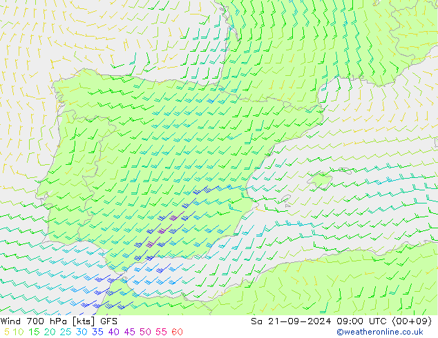 wiatr 700 hPa GFS so. 21.09.2024 09 UTC