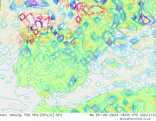 Vert. snelheid 700 hPa GFS wo 25.09.2024 18 UTC