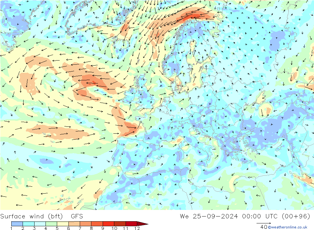 Surface wind (bft) GFS We 25.09.2024 00 UTC