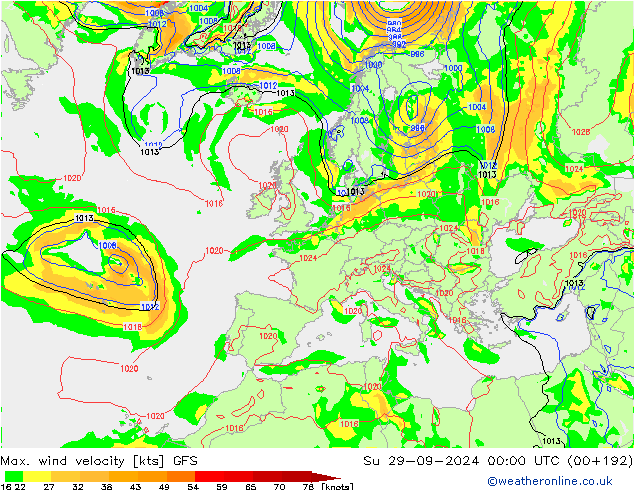 Max. wind velocity GFS dom 29.09.2024 00 UTC