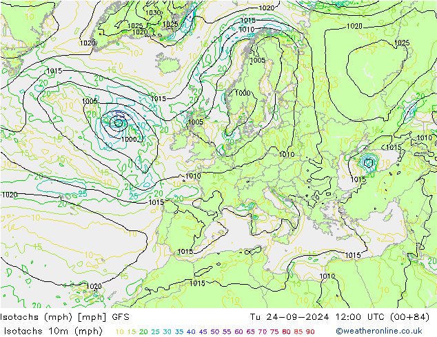 Isotachen (mph) GFS di 24.09.2024 12 UTC