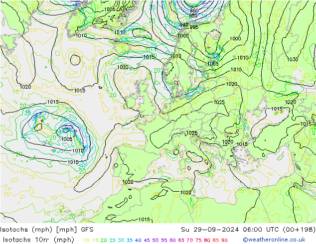 Isotachs (mph) GFS Su 29.09.2024 06 UTC