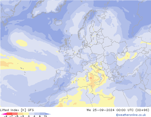 Lifted Index GFS Mi 25.09.2024 00 UTC