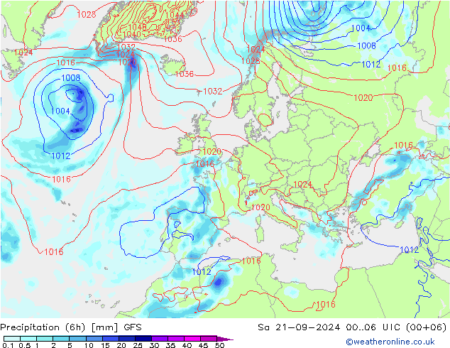 Precipitation (6h) GFS Sa 21.09.2024 06 UTC