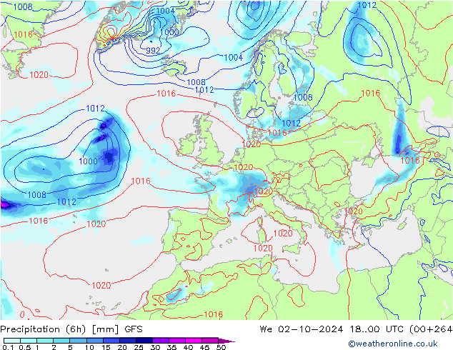 Precipitation (6h) GFS We 02.10.2024 00 UTC