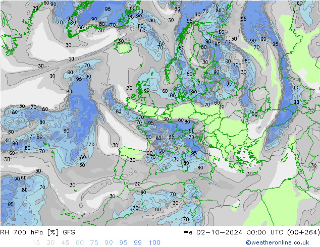 RH 700 hPa GFS We 02.10.2024 00 UTC