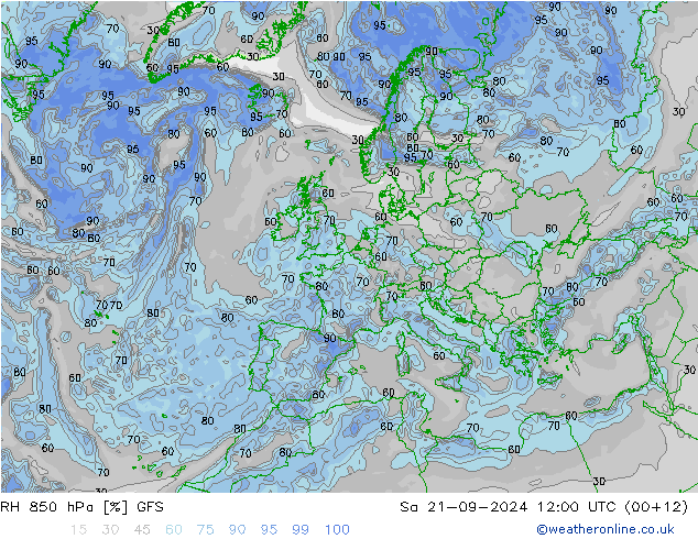 RH 850 hPa GFS Sáb 21.09.2024 12 UTC