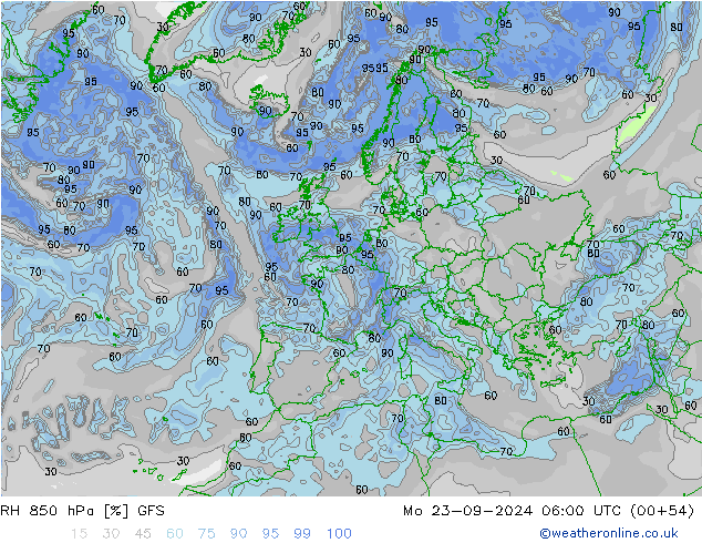 RH 850 гПа GFS пн 23.09.2024 06 UTC
