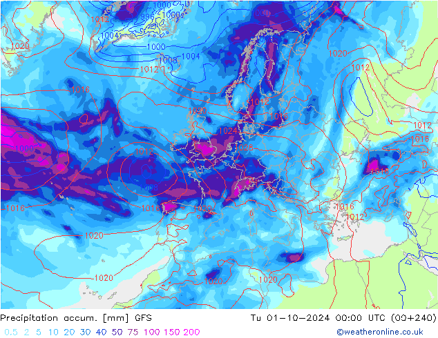 Precipitation accum. GFS 星期二 01.10.2024 00 UTC