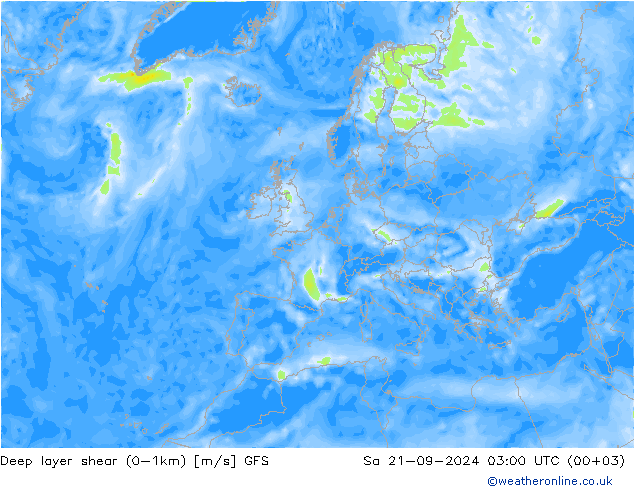 Deep layer shear (0-1km) GFS sab 21.09.2024 03 UTC