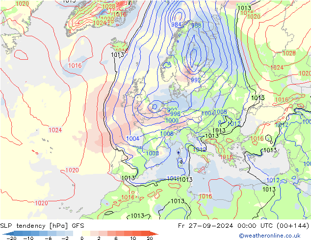 SLP tendency GFS Fr 27.09.2024 00 UTC