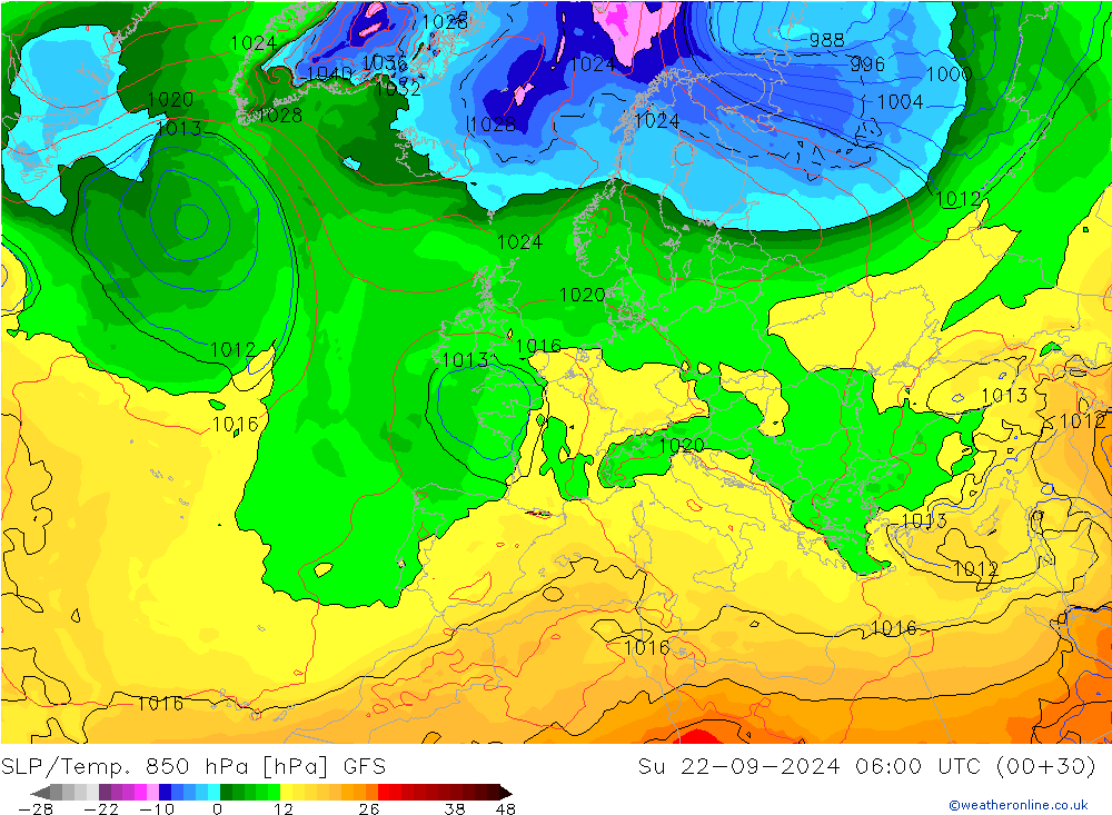 SLP/Temp. 850 hPa GFS dim 22.09.2024 06 UTC