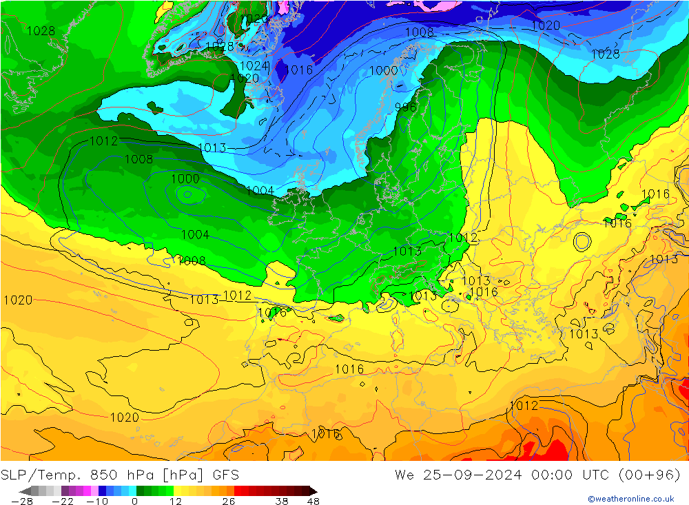 SLP/Temp. 850 hPa GFS Mi 25.09.2024 00 UTC