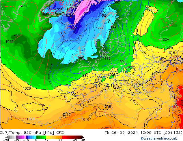 SLP/Temp. 850 hPa GFS czw. 26.09.2024 12 UTC