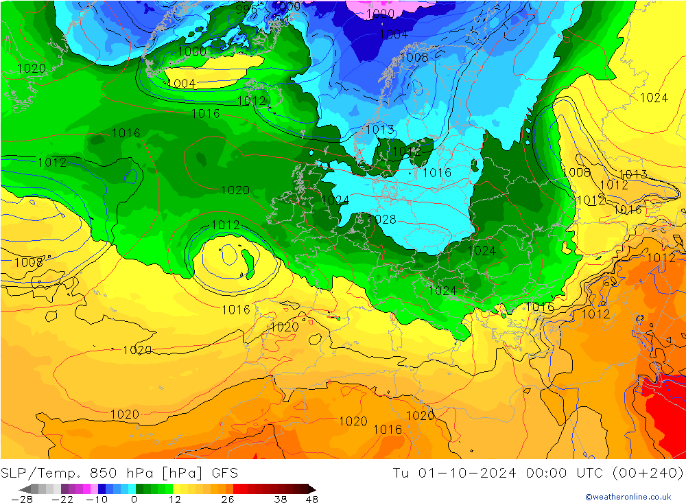 SLP/Temp. 850 hPa GFS di 01.10.2024 00 UTC