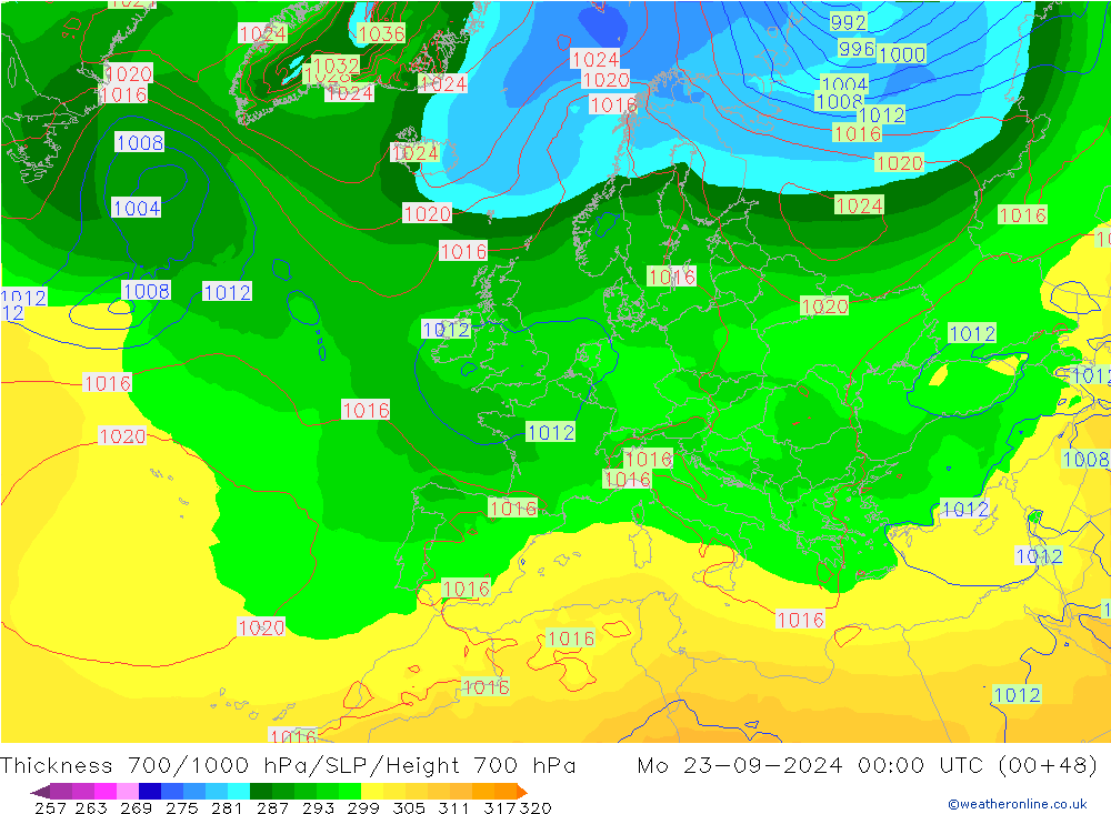 Thck 700-1000 hPa GFS Mo 23.09.2024 00 UTC