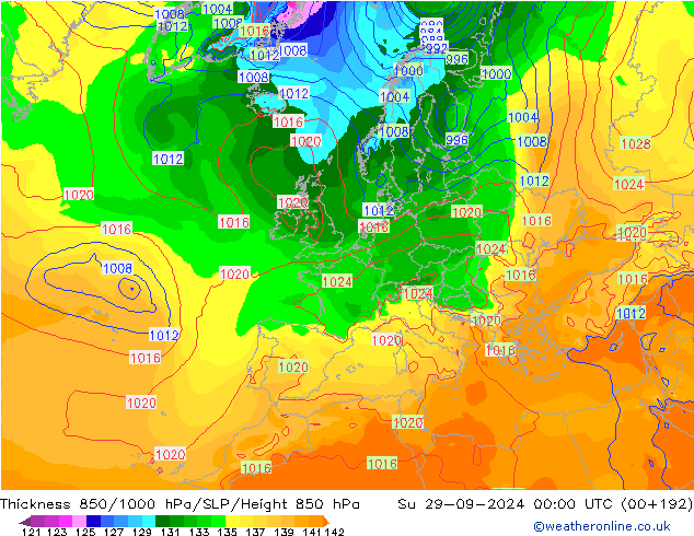 Schichtdicke 850-1000 hPa GFS So 29.09.2024 00 UTC