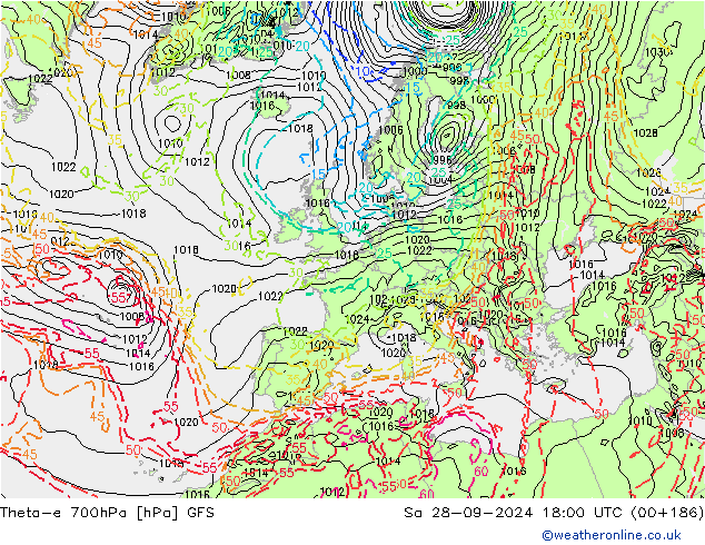 Theta-e 700hPa GFS Sa 28.09.2024 18 UTC