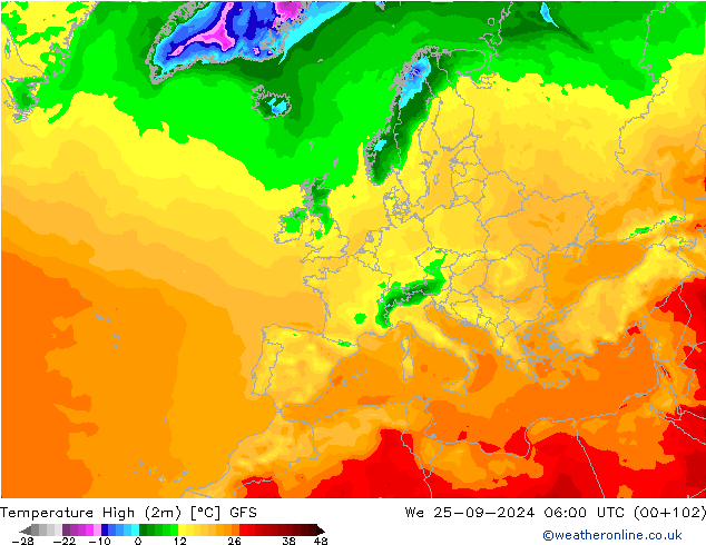 Temperature High (2m) GFS We 25.09.2024 06 UTC