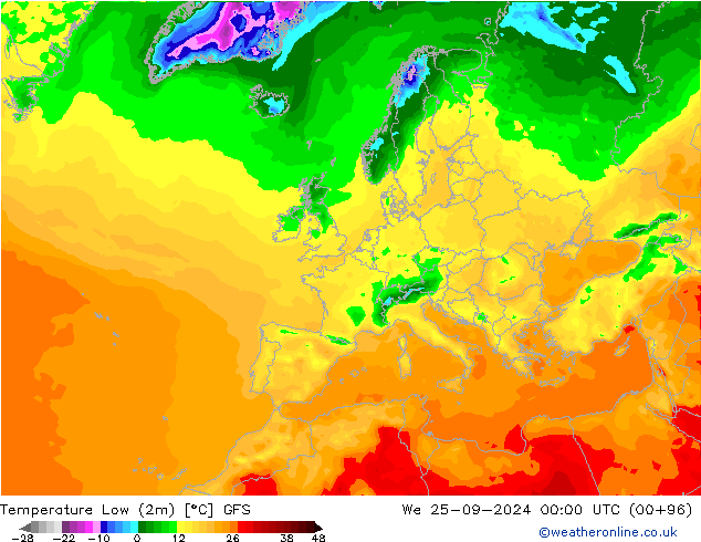 Nejnižší teplota (2m) GFS St 25.09.2024 00 UTC